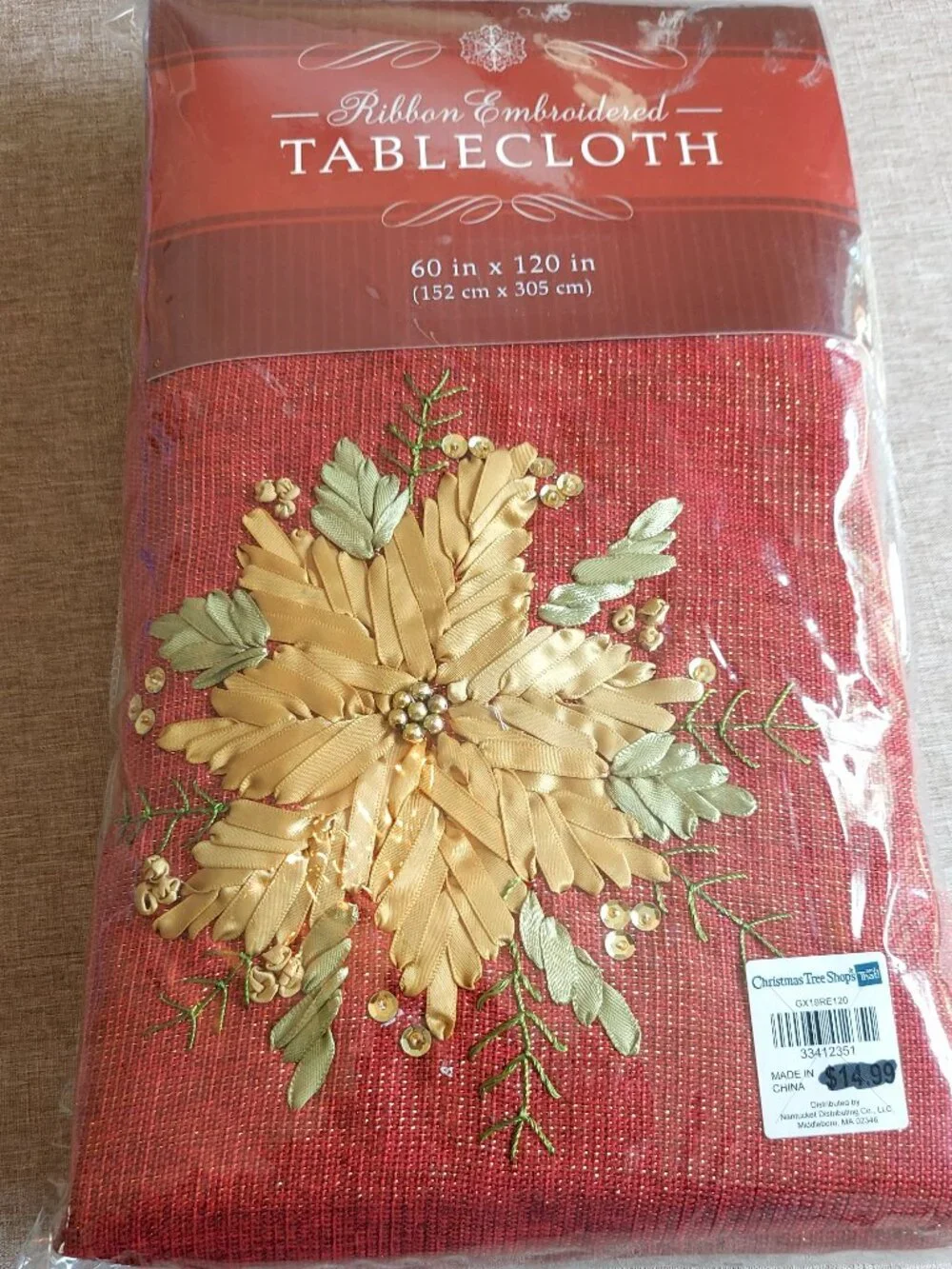 Embroidered Christmas Red Table Linen with Gold Ribbon Floral Accent, 60x120 In